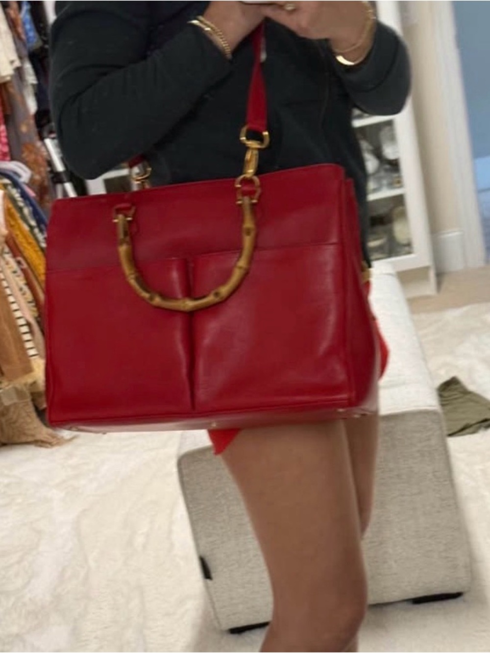 Vintage Gucci Red Leather Tote with Bamboo Handles and Gold Hardware
